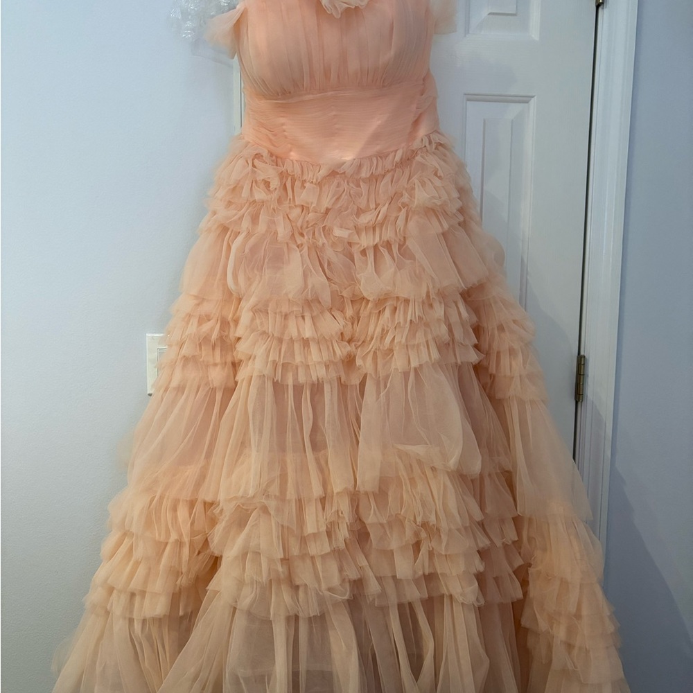 Mac Duggal Pink Strapless Tulle Ruffled Maxi Dress - Picture 5 of 10